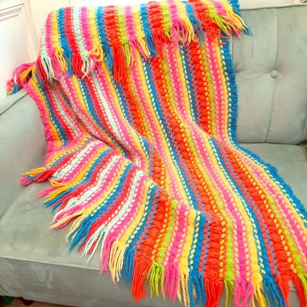 Handmade Neon afghan lap throw blanket rainbow stripes bright‎ colors fringe